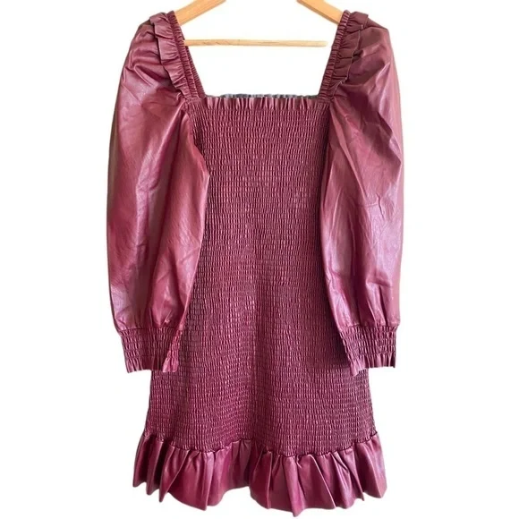 7 FOR ALL MANKIND Faux Leather Puffed Sleeves Smocked Mini Dress L NWT  Holidays